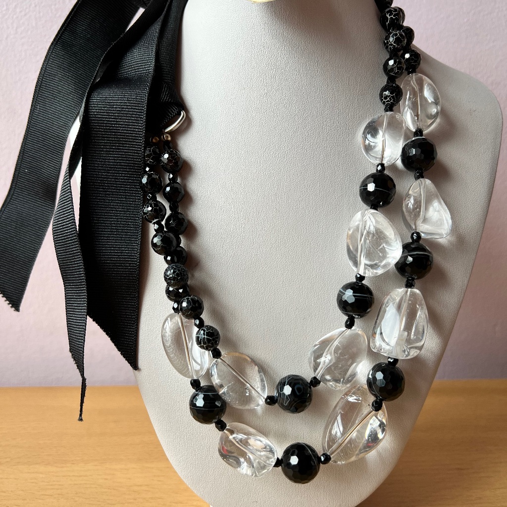 Huge Vintage Rock Crystal & Banded Agate Faceted Beads Long Custom Made Necklace